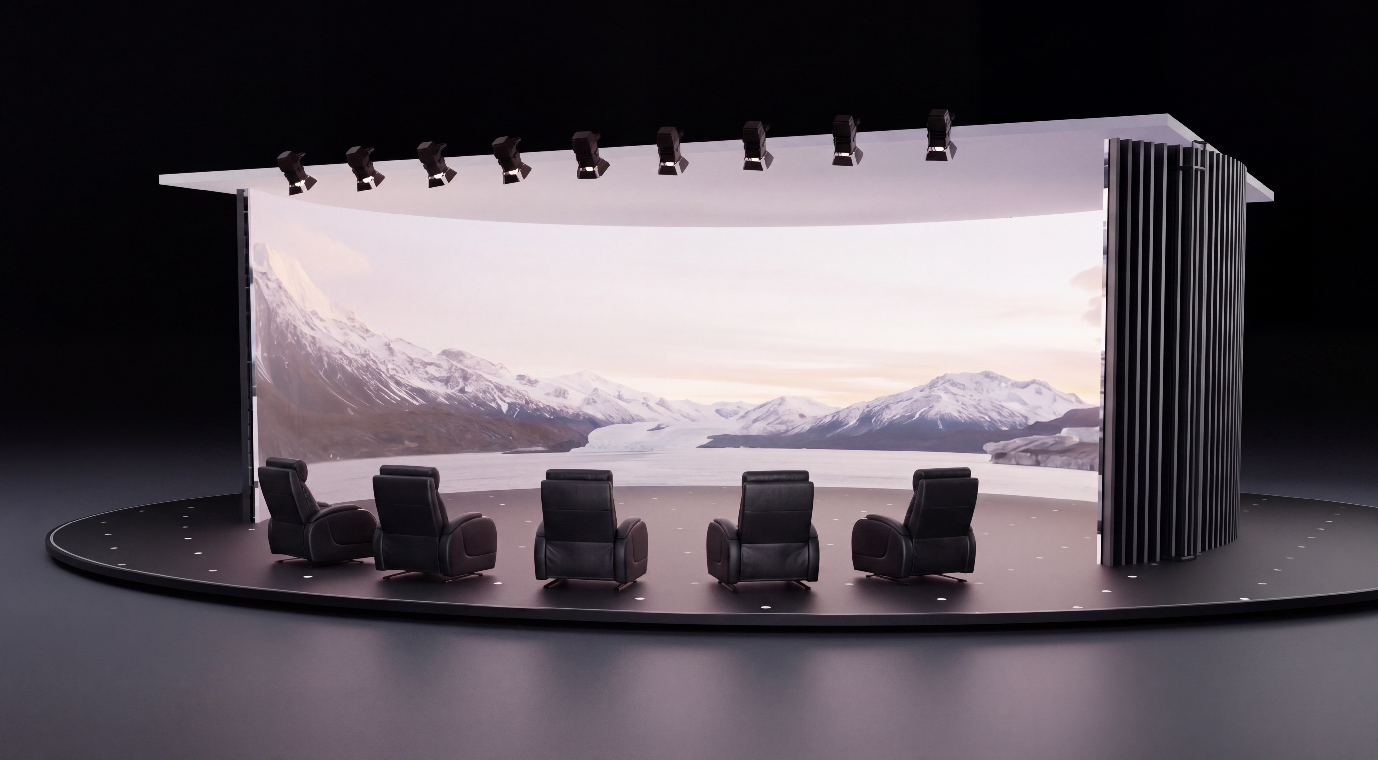 Curved screen theatre configuration with seating